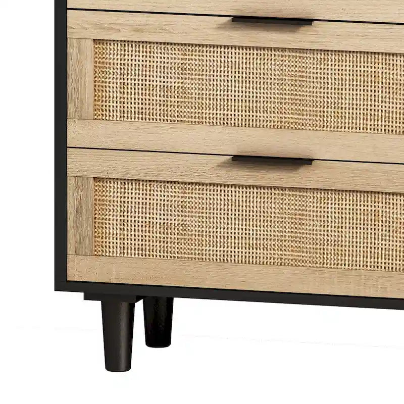 Meuble de rangement 6 tiroirs en rotin de 150 cm de large avec texture tissée naturelle pour salon ou chambre à coucher
