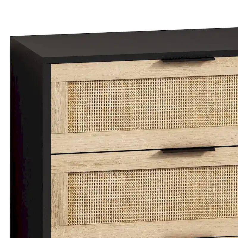 Meuble de rangement 6 tiroirs en rotin de 150 cm de large avec texture tissée naturelle pour salon ou chambre à coucher
