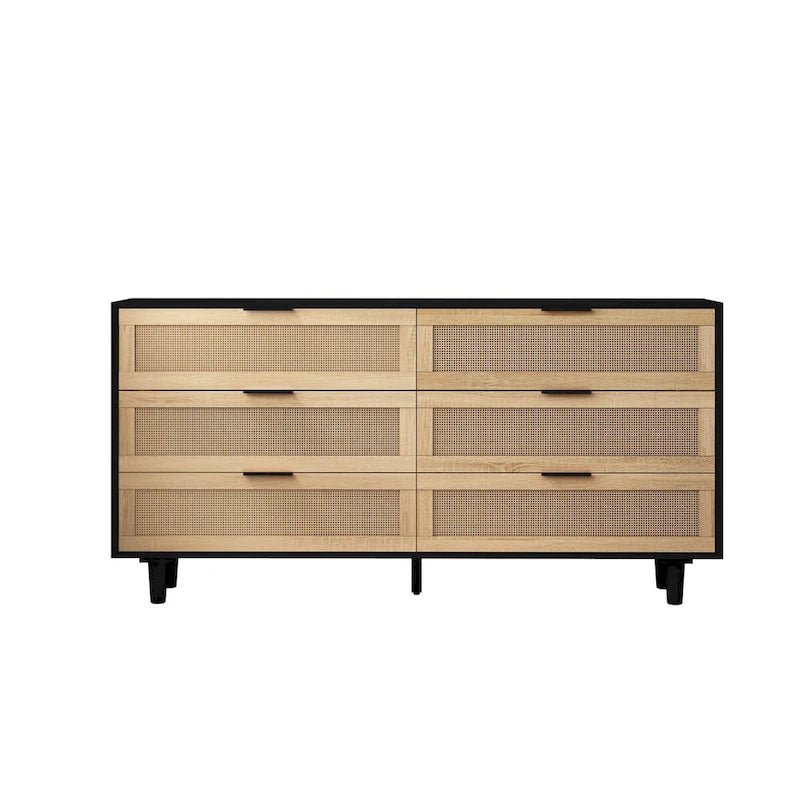 Meuble de rangement 6 tiroirs en rotin de 150 cm de large avec texture tissée naturelle pour salon ou chambre à coucher