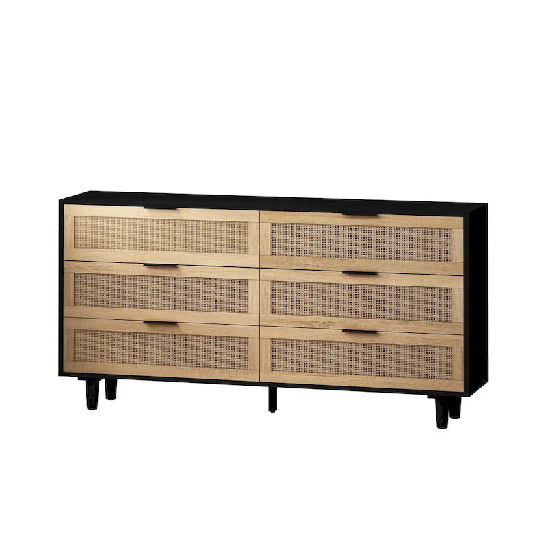 Meuble de rangement 6 tiroirs en rotin de 150 cm de large avec texture tissée naturelle pour salon ou chambre à coucher