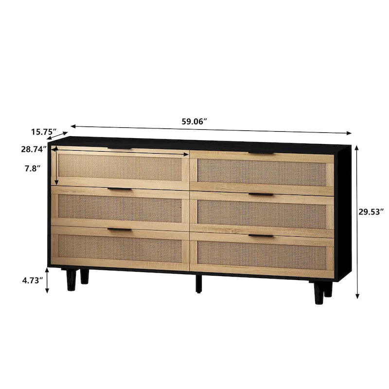 Meuble de rangement 6 tiroirs en rotin de 150 cm de large avec texture tissée naturelle pour salon ou chambre à coucher