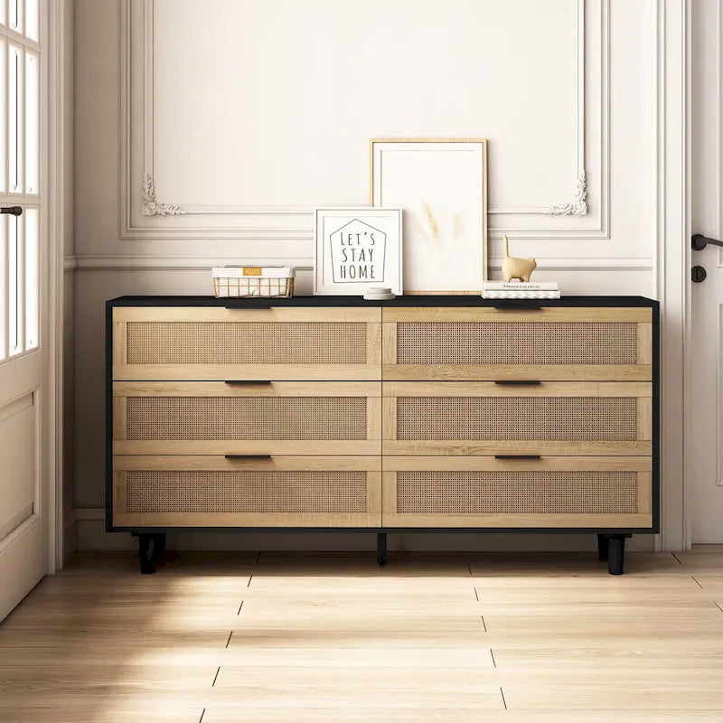 Meuble de rangement 6 tiroirs en rotin de 150 cm de large avec texture tissée naturelle pour salon ou chambre à coucher