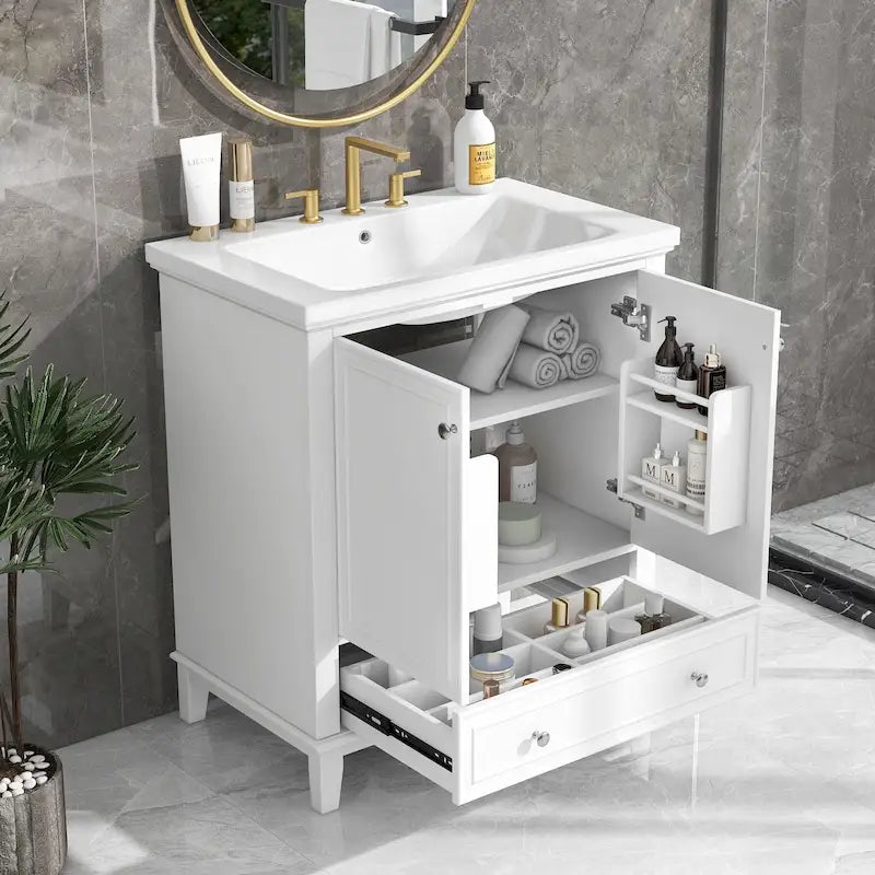 Meuble de salle de bain autoportant avec 2 portes, tiroir et étagère intérieure réglable