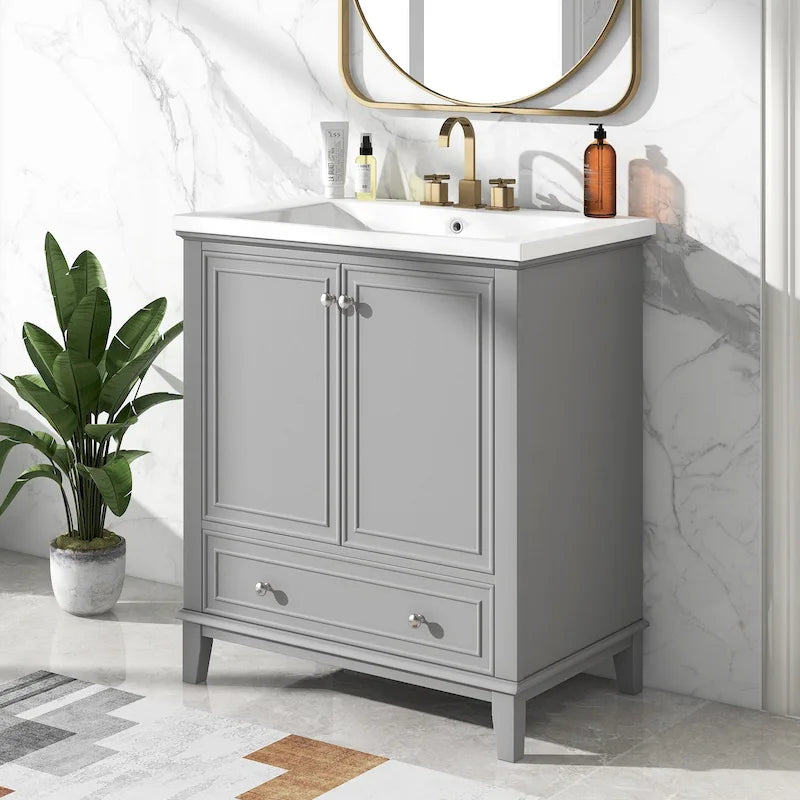 Meuble de salle de bain autoportant avec 2 portes, tiroir et étagère intérieure réglable