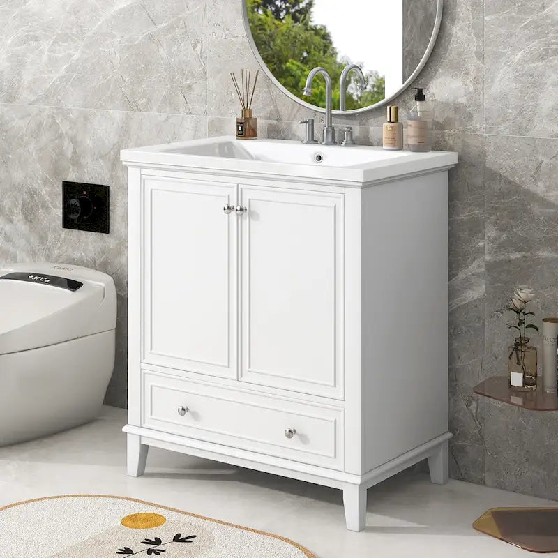 Meuble de salle de bain autoportant avec 2 portes, tiroir et étagère intérieure réglable