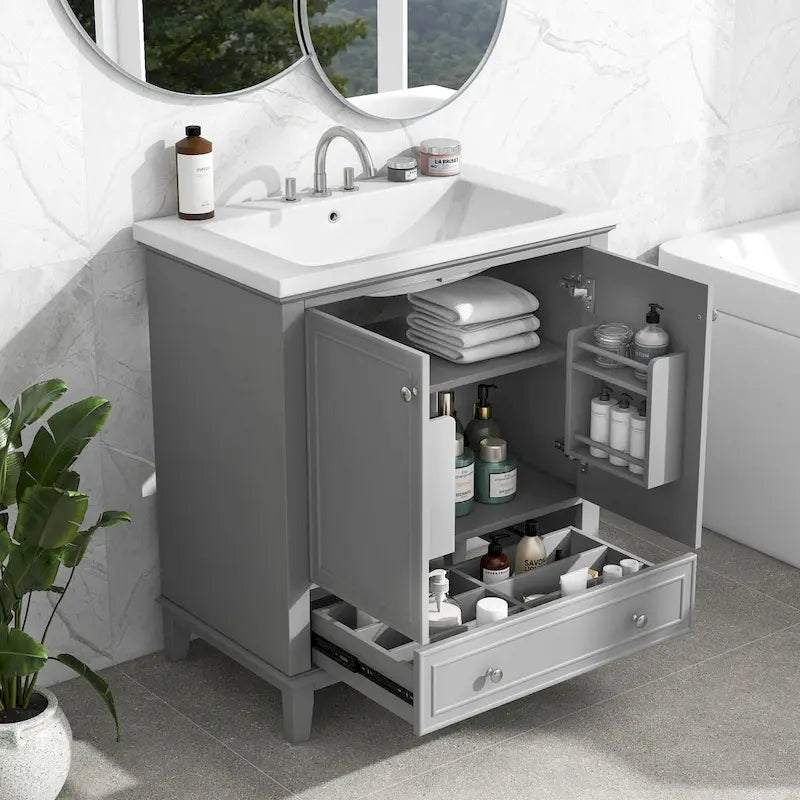 Meuble de salle de bain autoportant avec 2 portes, tiroir et étagère intérieure réglable