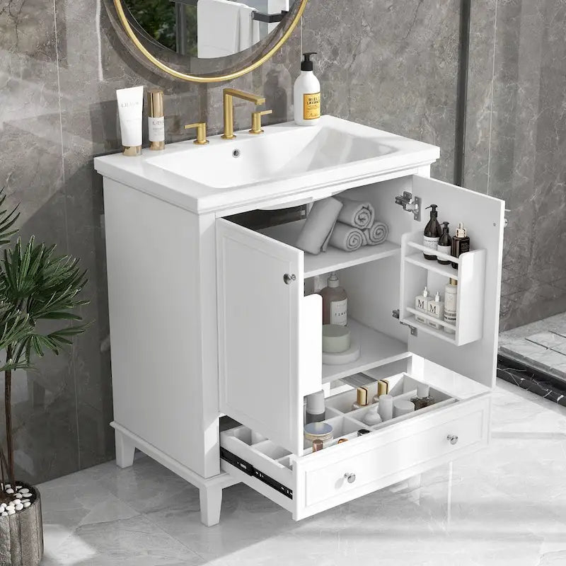 Meuble de salle de bain autoportant avec 2 portes, tiroir et étagère intérieure réglable