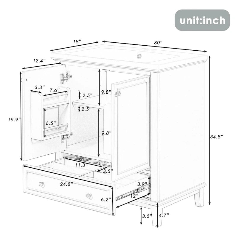 Meuble de salle de bain autoportant avec 2 portes, tiroir et étagère intérieure réglable