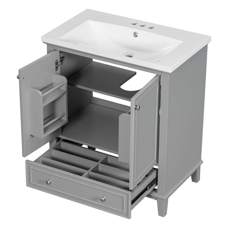 Meuble de salle de bain autoportant avec 2 portes, tiroir et étagère intérieure réglable