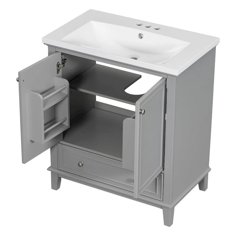 Meuble de salle de bain autoportant avec 2 portes, tiroir et étagère intérieure réglable