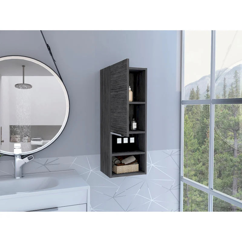 Meuble de salle de bain, deux étagères intérieures, deux étagères extérieures, meuble à une porte