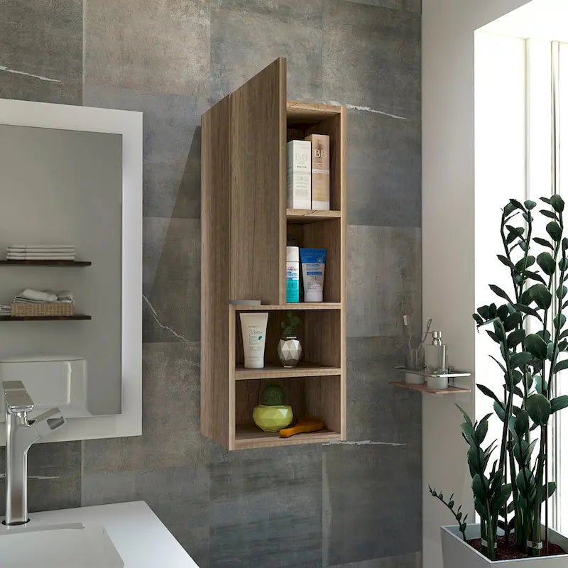 Meuble de salle de bain, deux étagères intérieures, deux étagères extérieures, meuble à une porte