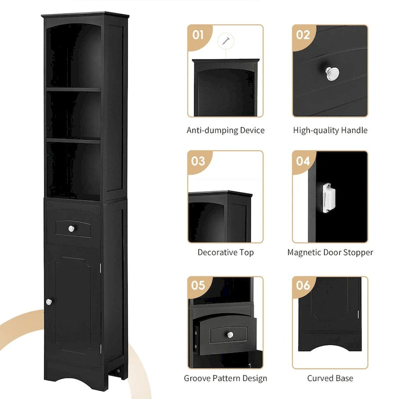 Colonne de salle de bain, Meuble de rangement sur pied avec tiroir, Panneau MDF, Étagère réglable, Noir