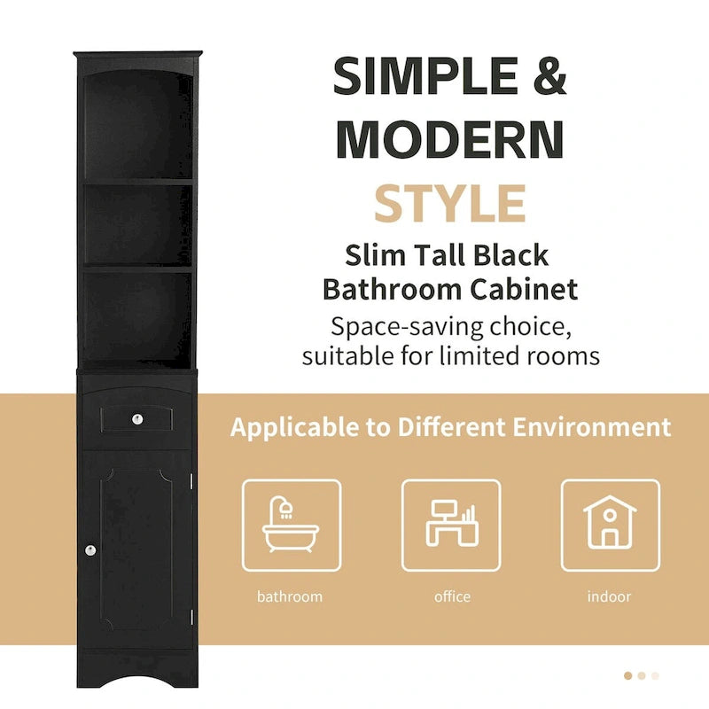 Colonne de salle de bain, Meuble de rangement sur pied avec tiroir, Panneau MDF, Étagère réglable, Noir
