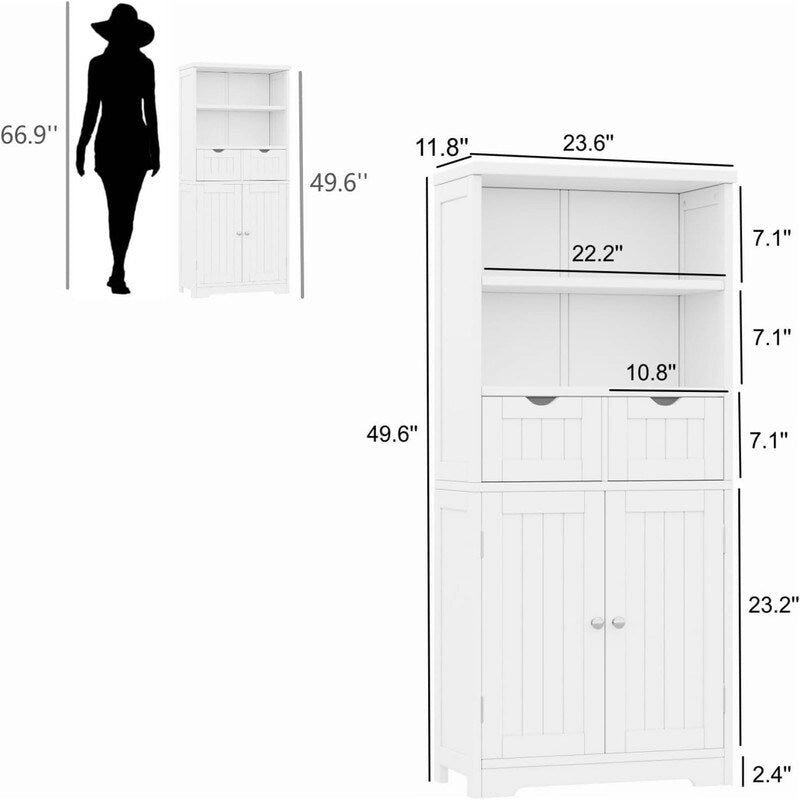 Meuble de Rangement de Salle de Bain avec 2 Tiroirs et Étagères Réglables - Meuble Bas en Bois Blanc, 60 cm (P) x 30 cm (L) x 126 cm (H)