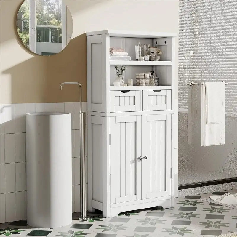 Meuble de Rangement de Salle de Bain avec 2 Tiroirs et Étagères Réglables - Meuble Bas en Bois Blanc, 60 cm (P) x 30 cm (L) x 126 cm (H)