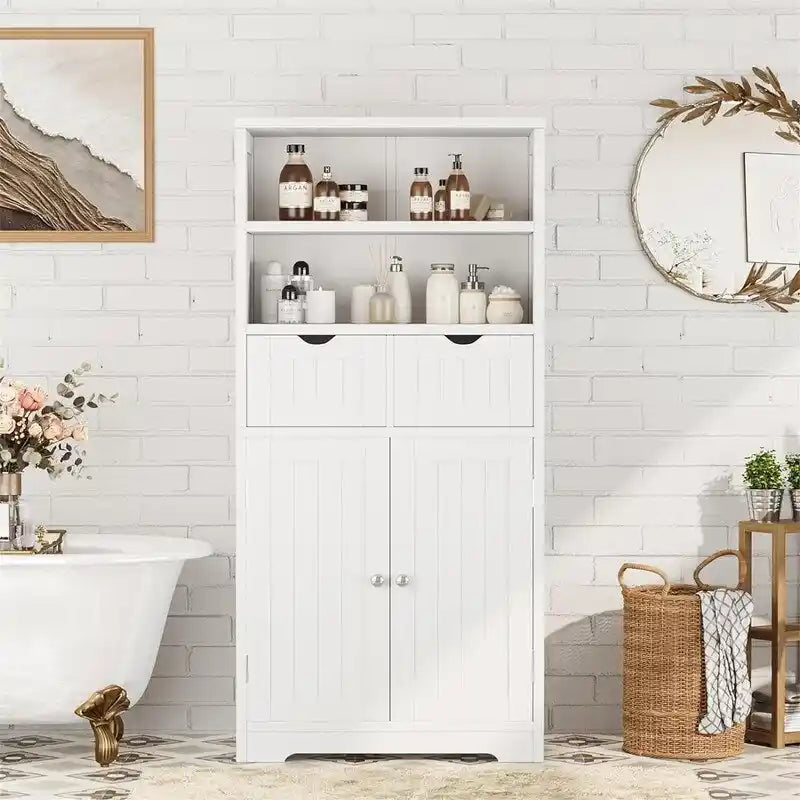 Meuble de Rangement de Salle de Bain avec 2 Tiroirs et Étagères Réglables - Meuble Bas en Bois Blanc, 60 cm (P) x 30 cm (L) x 126 cm (H)