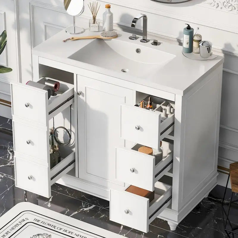 Meuble de salle de bain de 36 pouces avec lavabo en résine et étagères réglables