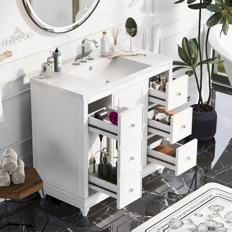Meuble de salle de bain de 36 pouces avec lavabo en résine et étagères réglables