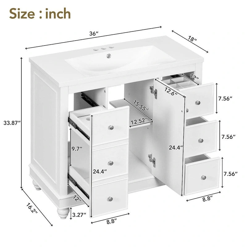 Meuble de salle de bain de 36 pouces avec lavabo en résine et étagères réglables