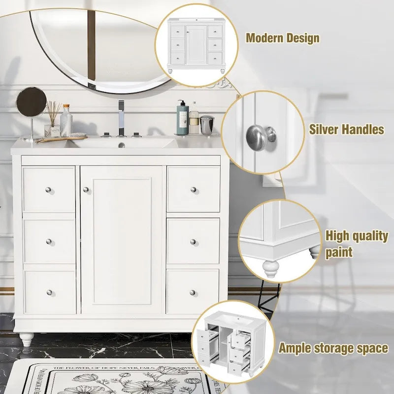 Meuble de salle de bain de 36 pouces avec lavabo en résine et étagères réglables
