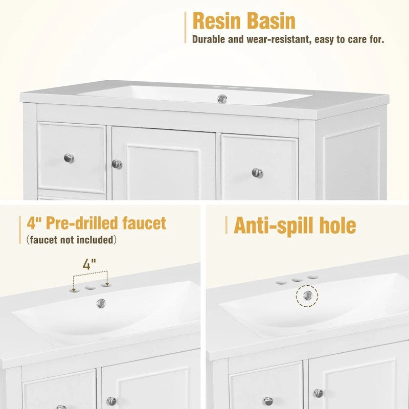 Meuble de salle de bain de 36 pouces avec lavabo en résine et étagères réglables