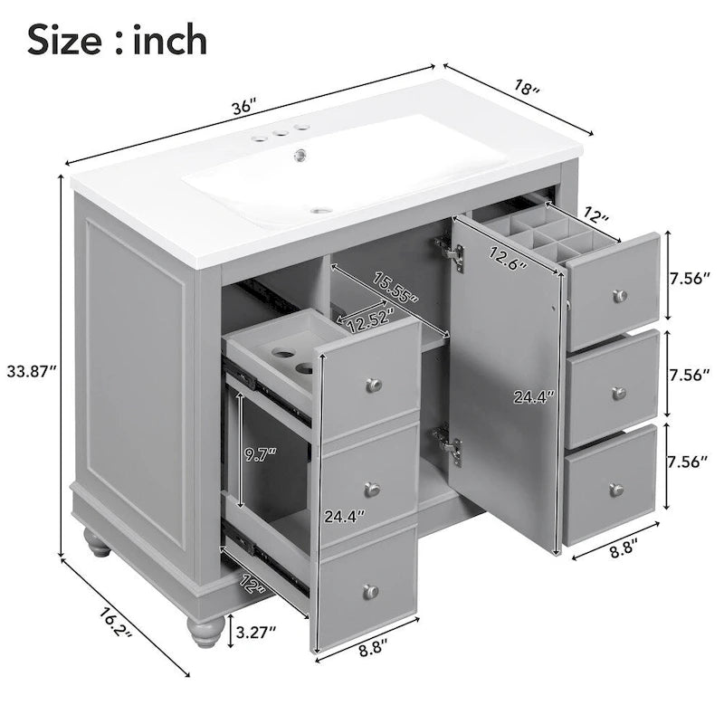 Meuble de salle de bain de 36 pouces avec lavabo en résine et étagères réglables
