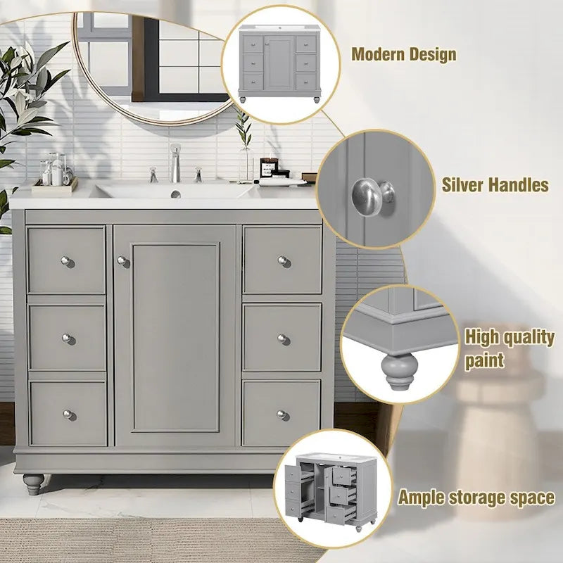 Meuble de salle de bain de 36 pouces avec lavabo en résine et étagères réglables
