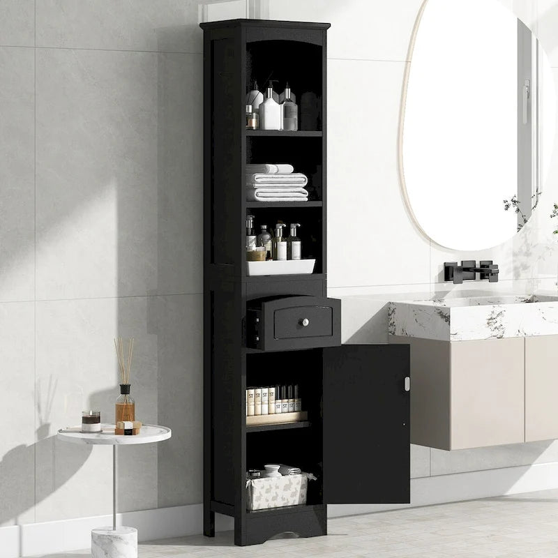 Meuble de rangement autoportant avec tiroir et étagères réglables pour salle de bain ou salon