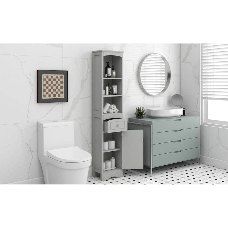 Meuble de rangement autoportant avec tiroir et étagères réglables pour salle de bain ou salon