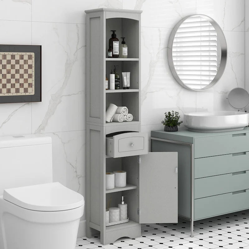 Meuble de rangement autoportant avec tiroir et étagères réglables pour salle de bain ou salon