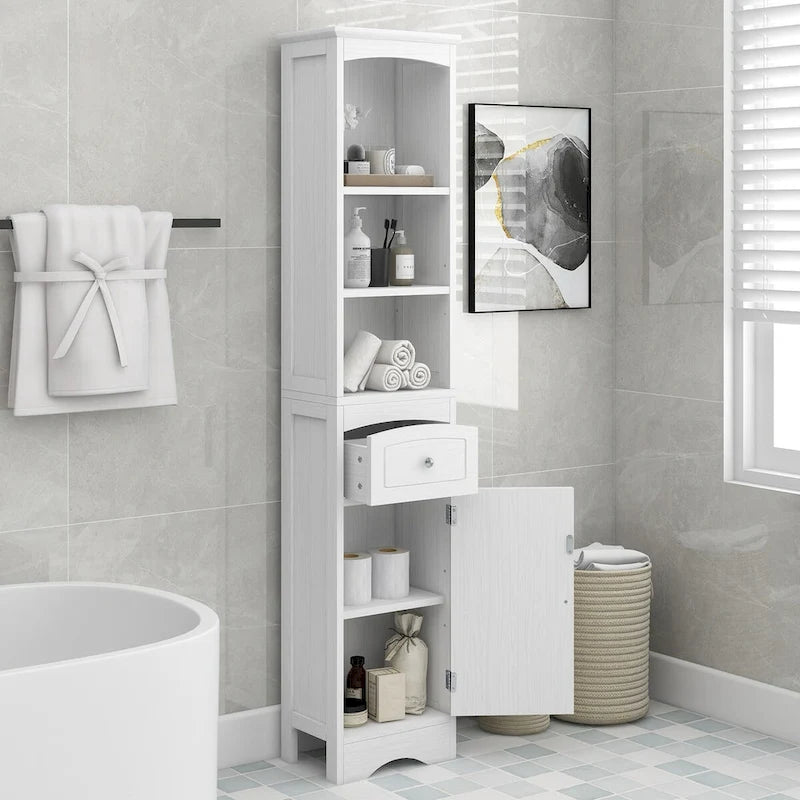 Meuble de rangement autoportant avec tiroir et étagères réglables pour salle de bain ou salon