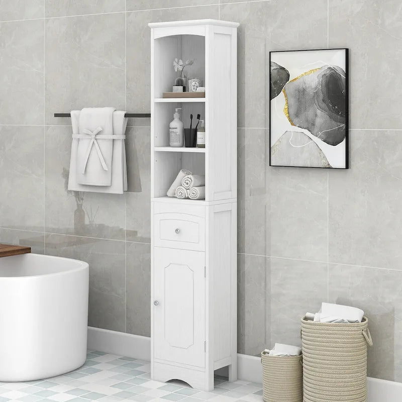 Meuble de rangement autoportant avec tiroir et étagères réglables pour salle de bain ou salon