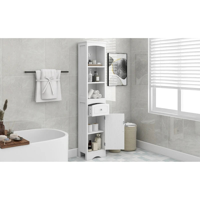 Meuble de rangement autoportant avec tiroir et étagères réglables pour salle de bain ou salon